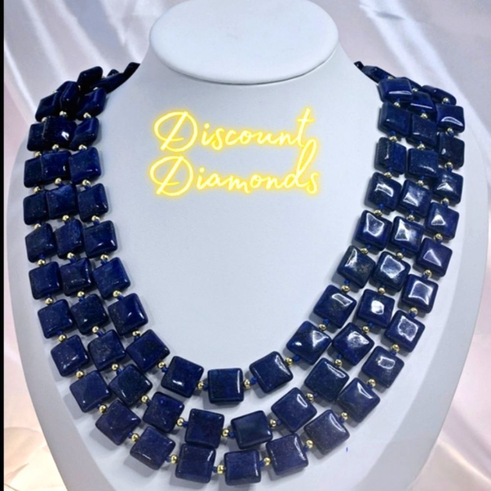 Natural Deep Blue Lapis Lazuli 12mm Flat Square Triple Strand Necklace 14k Gold